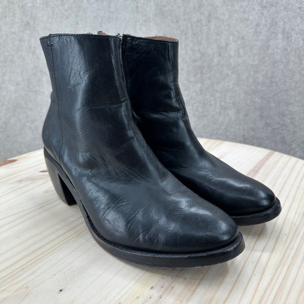 Frye Rosalia Shimmer Black Leather Ankle Boots Block Heel Zip Booties Womens 9 - Picture 8 of 16